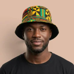 Bucket hat / Vissershoedje met Afrikaanse print - Zwart Groen Kente - Kinderen & Volwassenen (Unisex)