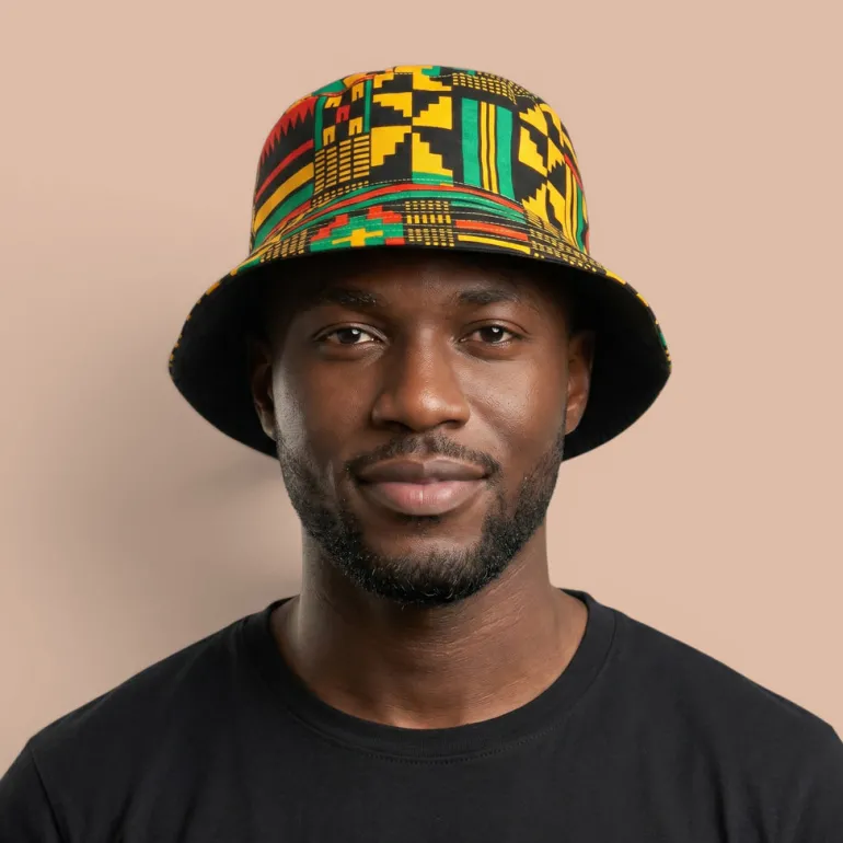 Bucket hat / Vissershoedje met Afrikaanse print - Zwart Groen Kente - Kinderen & Volwassenen (Unisex)