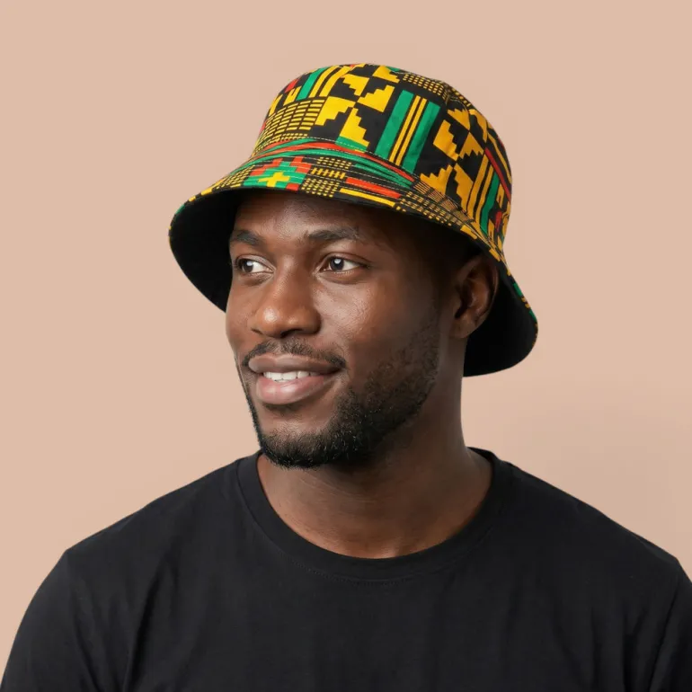 Bucket hat / Vissershoedje met Afrikaanse print - Zwart Groen Kente - Kinderen & Volwassenen (Unisex)