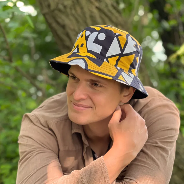 Bucket hat / Vissershoedje met Afrikaanse print - Mosterd Samakaka - Kinderen & Volwassenen (Unisex)