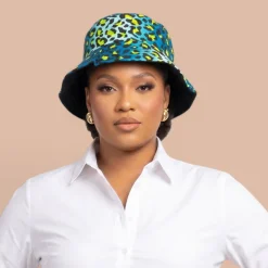 Bucket hat / Vissershoedje met Afrikaanse print - Turkoois Blauw Leopard Spots - Kinderen & Volwassenen (Unisex)