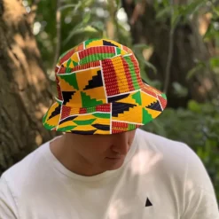 Bucket hat / Vissershoedje met Afrikaanse print - Gele kente - Kinderen & Volwassenen (Unisex)