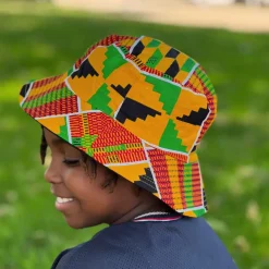 Bucket hat / Vissershoedje met Afrikaanse print - Gele kente - Kinderen & Volwassenen (Unisex)