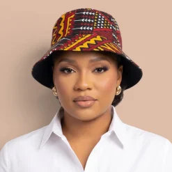 Bucket hat / Vissershoedje met Afrikaanse print - Rood Bordeaux Earth Heritage - Kinderen & Volwassenen (Unisex)