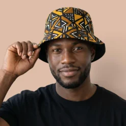Bucket hat / Vissershoedje met Afrikaanse print - Bruin Bogolan Geometry - Kinderen & Volwassenen (Unisex)