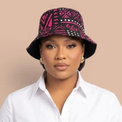 Bucket hat / Vissershoedje met Afrikaanse print - Roze Zwart Bogolan Symbols - Kinderen & Volwassenen (Unisex)