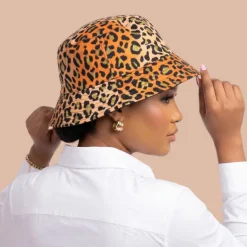 Bucket hat / Vissershoedje met Afrikaanse print - Oranje Perzik Leopard Spots - Kinderen & Volwassenen (Unisex)