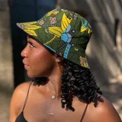 Bucket hat / Vissershoedje met Afrikaanse print - Donkergroen & Geel Botanical Flow - Kinderen & Volwassenen (Unisex)