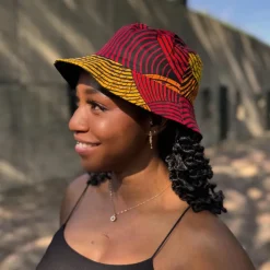 Bucket hat / Vissershoedje met Afrikaanse print - Rood & Geel Concentric Circle Design - Kinderen & Volwassenen (Unisex)