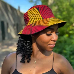 Bucket hat / Vissershoedje met Afrikaanse print - Rood & Geel Concentric Circle Design - Kinderen & Volwassenen (Unisex)