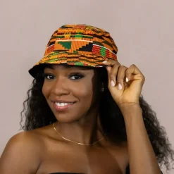 Bucket hat / Vissershoedje met Afrikaanse print - Kente oranje/groen - Kinderen & Volwassenen (Unisex)