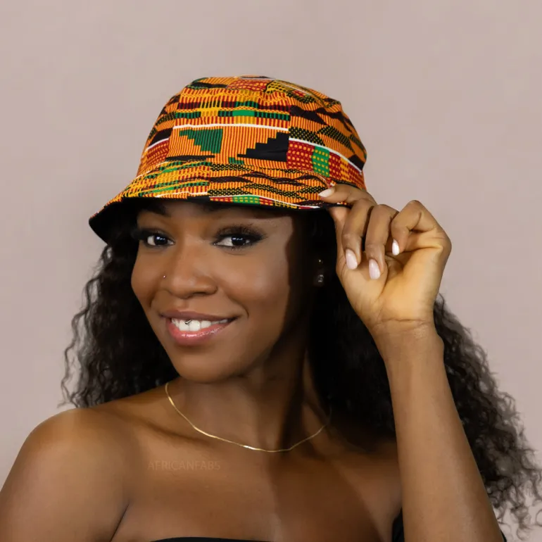 Bucket hat / Vissershoedje met Afrikaanse print - Kente oranje/groen - Kinderen & Volwassenen (Unisex)