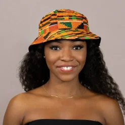 Bucket hat / Vissershoedje met Afrikaanse print - Kente oranje/groen - Kinderen & Volwassenen (Unisex)