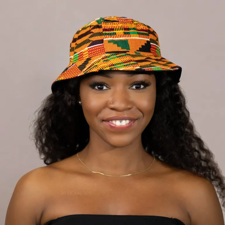 Bucket hat / Vissershoedje met Afrikaanse print - Kente oranje/groen - Kinderen & Volwassenen (Unisex)