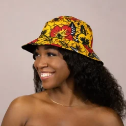 Bucket hat / Vissershoedje met Afrikaanse print - Gele Flowers - Kinderen & Volwassenen (Unisex)