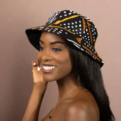 Bucket hat / Vissershoedje met Afrikaanse print - Zwart / oranje - Kinderen & Volwassenen (Unisex)