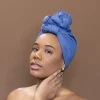 Demin blauw hoofddoek - Headwrap van stretchy Jersey stof