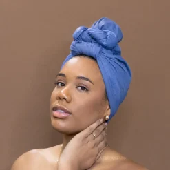 Demin blauw hoofddoek - Headwrap van stretchy Jersey stof