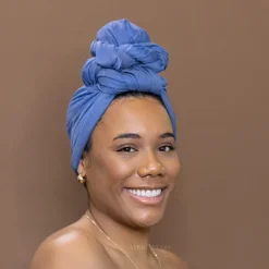 Demin blauw hoofddoek - Headwrap van stretchy Jersey stof