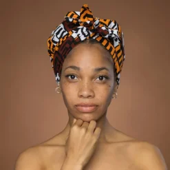 Easy headwrap / hoofddoek - Bruin & Geeloranje Kuba Blokken