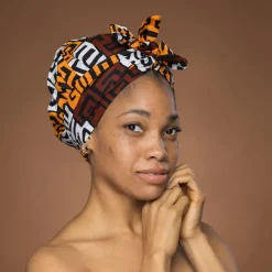 Easy headwrap / hoofddoek - Bruin & Geeloranje Kuba Blokken