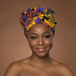 Easy headwrap / hoofddoek - Satijnen binnenkant - Geel & Paars Bloemen