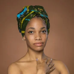 Easy headwrap / hoofddoek - Satijnen binnenkant - Groen Botanical Flow