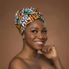 Easy headwrap / hoofddoek - Satijnen binnenkant - Petrol Geel Kuba Blocks Congo