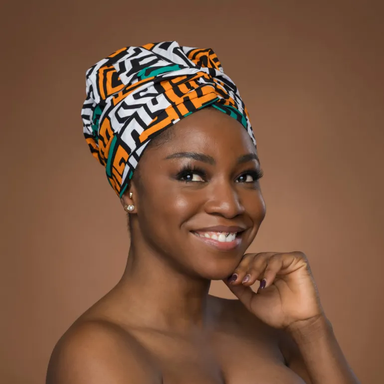 Easy headwrap / hoofddoek - Satijnen binnenkant - Petrol Geel Kuba Blocks Congo