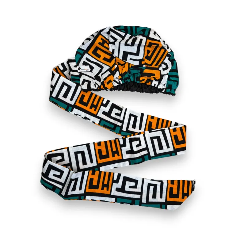 Easy headwrap / hoofddoek - Satijnen binnenkant - Petrol Geel Kuba Blocks Congo