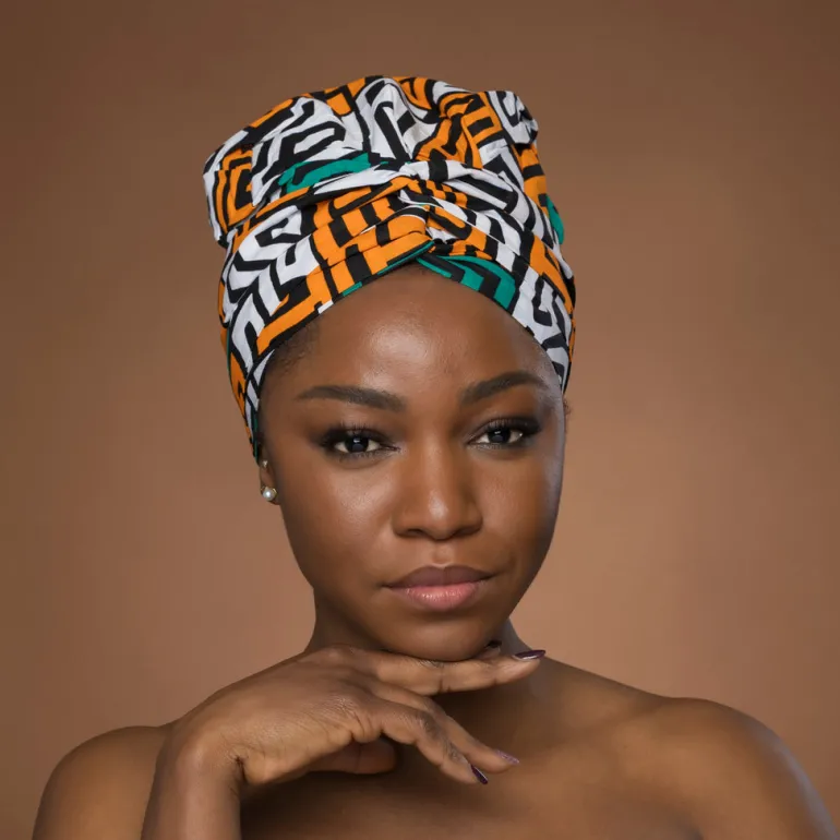 Easy headwrap / hoofddoek - Satijnen binnenkant - Petrol Geel Kuba Blocks Congo