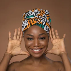 Easy headwrap / hoofddoek - Satijnen binnenkant - Petrol Geel Kuba Blocks Congo