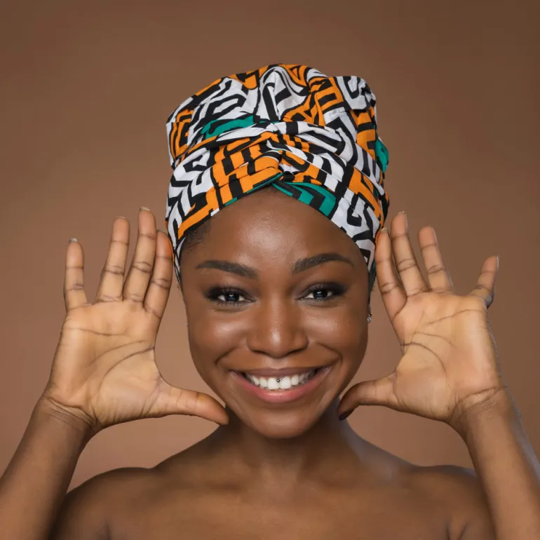 Easy headwrap / hoofddoek - Satijnen binnenkant - Petrol Geel Kuba Blocks Congo
