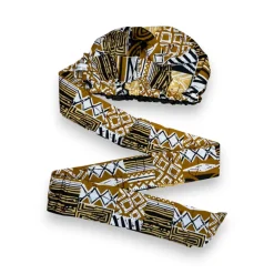Easy headwrap / hoofddoek - Satijnen binnenkant - Khaki Bogolan Mosaic