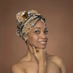 Easy headwrap / hoofddoek - Satijnen binnenkant - Khaki Bogolan Mosaic