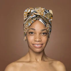 Easy headwrap / hoofddoek - Satijnen binnenkant - Khaki Bogolan Mosaic