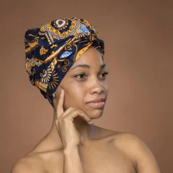 Easy headwrap / hoofddoek - Satijnen binnenkant - Blauw Geel Paisley