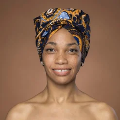 Easy headwrap / hoofddoek - Satijnen binnenkant - Blauw Geel Paisley