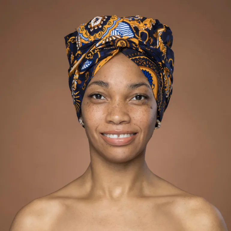 Easy headwrap / hoofddoek - Satijnen binnenkant - Blauw Geel Paisley