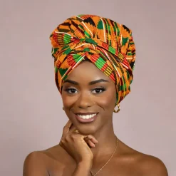 Easy headwrap / hoofddoek - Satijnen binnenkant - Kente oranje/groen