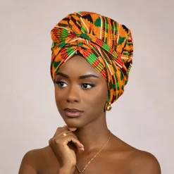 Easy headwrap / hoofddoek - Satijnen binnenkant - Kente oranje/groen