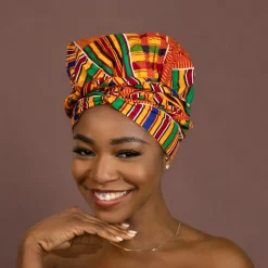 Easy headwrap / hoofddoek - Satijnen binnenkant - Kente oranje / blauw / rood
