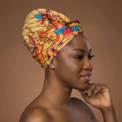 Easy headwrap / hoofddoek - Satijnen binnenkant - Beige & Oranje Botanical Flow