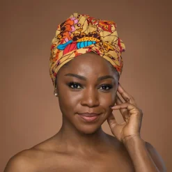 Easy headwrap / hoofddoek - Satijnen binnenkant - Beige & Oranje Botanical Flow