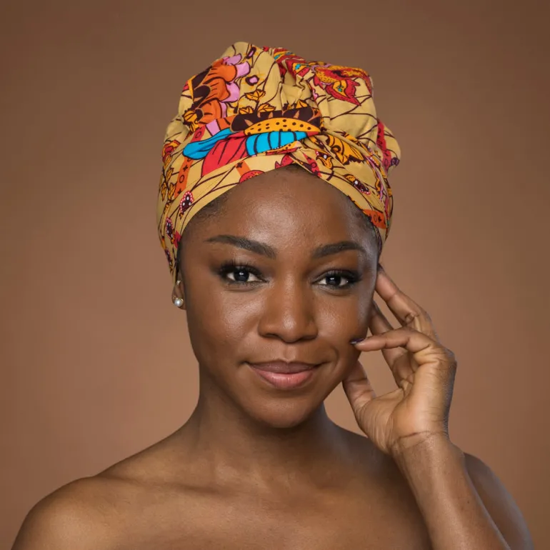 Easy headwrap / hoofddoek - Satijnen binnenkant - Beige & Oranje Botanical Flow