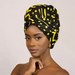 Easy headwrap / hoofddoek - Satijnen binnenkant - Zwart / geel