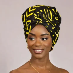 Easy headwrap / hoofddoek - Satijnen binnenkant - Zwart / geel