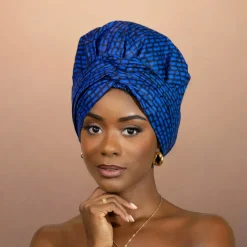 Easy headwrap / hoofddoek - Satijnen binnenkant - Blauw blocks
