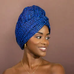 Easy headwrap / hoofddoek - Satijnen binnenkant - Blauw blocks