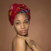Easy headwrap / hoofddoek - Satijnen binnenkant - Donkerrood & Geel Botanical Flow